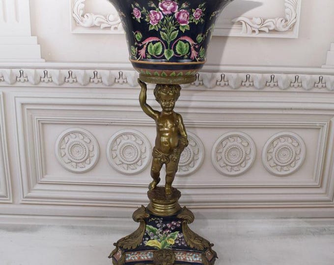 Large Amazing Black Porcelain Bowl - Bronze Ornaments Angel - Antique Plateau Porcelain - Luxury Bowl - Angel and Flowers Motif - Home Decor