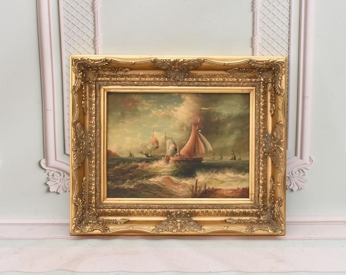 Vintage Boat Painting on Sea with Gold Frame | Nautical Wall Art | Handmade Seascape Artwork | Coastal Home Decor |