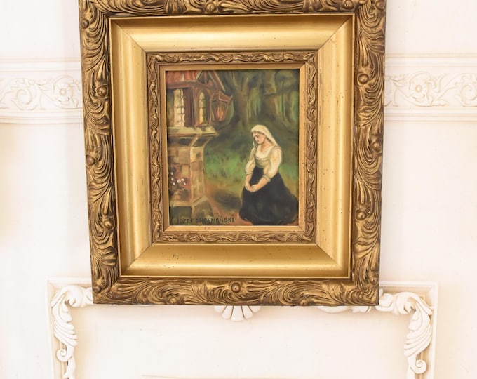 Antique Oil Painting – Woman Praying, Chelmonski Style, Rustic Polish Art