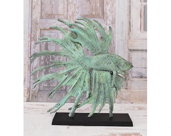 Siamese fighting Fish Statue - Aluminum Green Patina Fish - Abstract Sculpture - Modern Art - Bronze Aluminum Figure - Home Decor