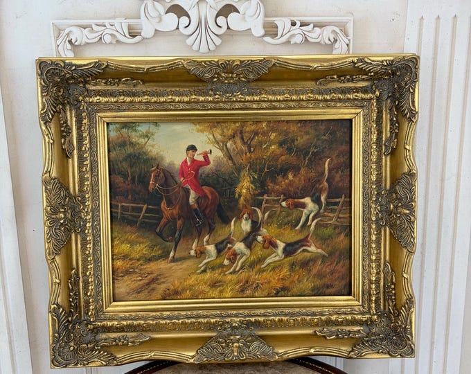 Vintage Hunting Scene Oil Painting - Hunter with Pointer Dogs - Oil on Wood