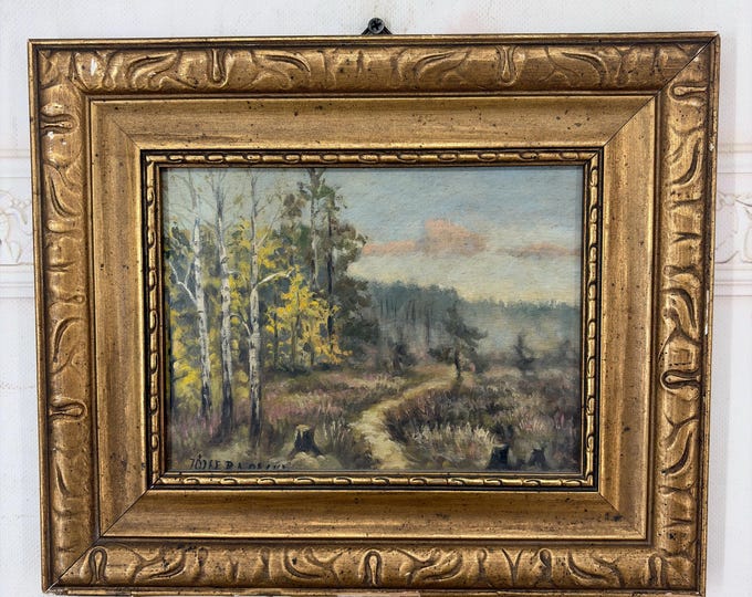 Antique Landscape Oil Painting on Wood - Jozef Rapacki Style - Birch Forest Path - Ornate Gold Frame