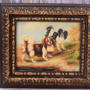 Painting Two Lovely Dogs - Nice Gold Frame - Vintage Painting - Oil on Wood - French Art - Wall Decor - Home Decor - Gift Idea