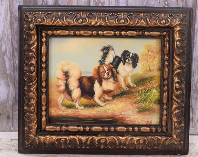 Painting Two Lovely Dogs - Nice Gold Frame - Vintage Painting - Oil on Wood - French Art - Wall Decor - Home Decor - Gift Idea