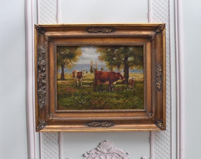 Cows at Watering Hole Painting – French Landscape, Gold Frame