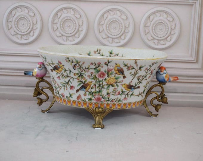 Porcelain Bowl with Bronze Ornaments - Birds Porcelain - Colorful Plateau Antique Porcelain - Home Decor - Gift for Wedding, Birthday