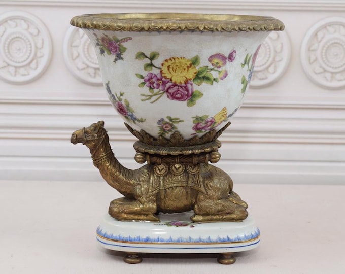 Porcelain Plateau and Bronze Statue Camel - Fruit Plate Art Nouveau Porcelain - Vintage Bronze - Flowers Design - Home Decor - Gift Idea