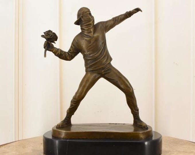 Large Bronze Rose Thrower Sculpture – Banksy Style Art – Marble Base – Unique Modern Figurine – Statement Home Decor