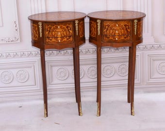 Set of French Louis XVI Style Commode & Night Stand – Chest of Drawers – Wooden Tables with Bronze Ornaments – Elegant Round Pair