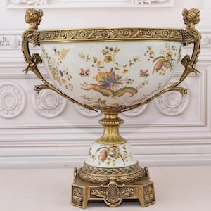 Antique Bowl Stand - Porcelain with Bronze Ornaments - Vintage Painted Porcelain - Plateau with Floral Design - Luxury Bowl - Gift Idea