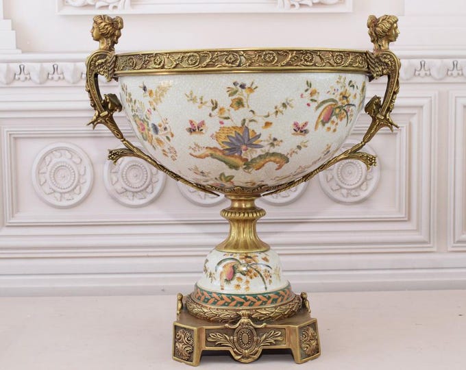 Antique Bowl Stand - Porcelain with Bronze Ornaments - Vintage Painted Porcelain - Plateau with Floral Design - Luxury Bowl - Gift Idea