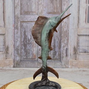 Blue Patina Bronze Fish - Marlin Bronze Statue - Art Work Painted Sailfish - Gift for Fisherman - Fish Sculpture on Marble Base