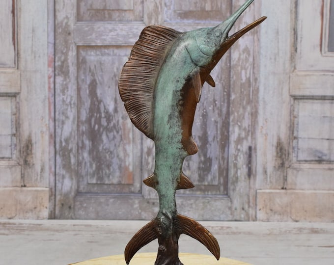 Blue Patina Bronze Fish - Marlin Bronze Statue - Art Work Painted Sailfish - Gift for Fisherman - Fish Sculpture on Marble Base