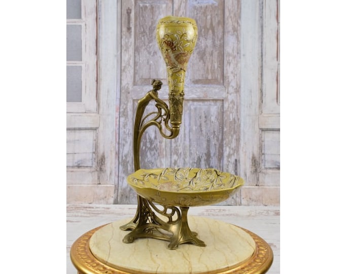 Flower Design Porcelain Plateau - Woman Bronze Statue - Porcelain Vase and Bowl - Foundry Mark - Gift Idea - Painted Porcelain