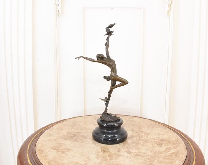 Bronze Dancer with Bird Sculpture – Vintage Art Deco Figure on Marble Base