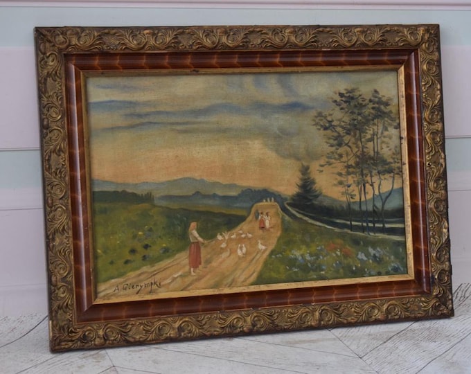 Antique Rural Painting – Women with Ducks – Polish Village Scene – Farmhouse Wall Art – Vintage Country Decor – Unique Frame