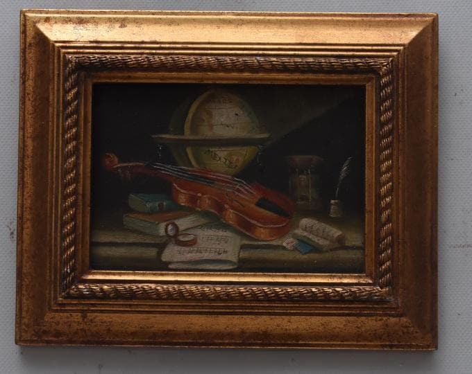 Wonderful Painting Globe and Violin - Painting with Golden Frame - Interior of the Old House Painting Art Work - Wall Decor