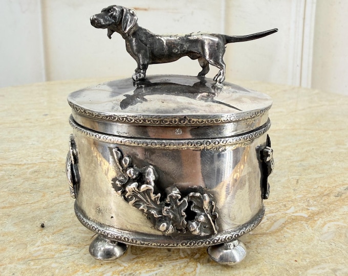 Antique Russian 84 Silver Casket Box | Hunting Scene Dachshund Jewelry Keepsake