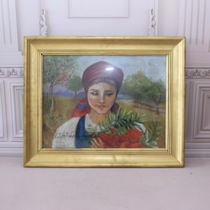 Pintura antigua Mujer Hyrax - Zofia Stryjenska Pintura Highlandes - Pintura de montaña - Arte polaco sobre cartón - Pintura polaca de Zakopane