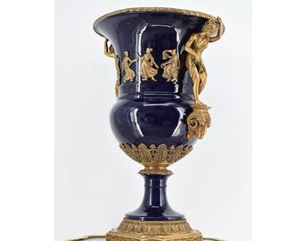Vaso antigo raro em porcelana azul cobalto: urna em bronze estilo Art Nouveau, decoração para casa.