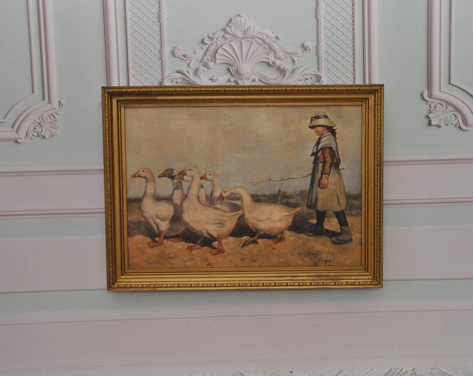 Girl With Geese – Antique Oil Painting On Canvas, Vintage Wall Art, Rustic Home Decor, Unique Ornate Frame, Original Fine Art