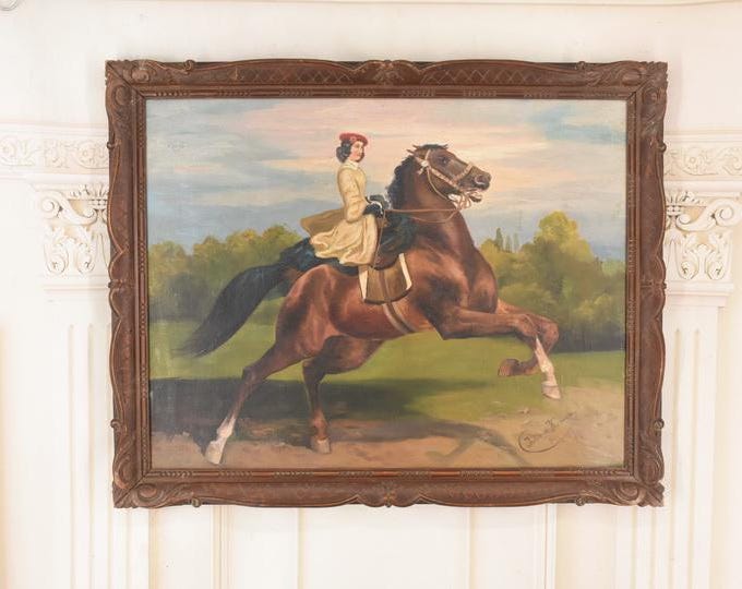 Vintage Painting Aristocratic Lady on Horseback – Juliusz Kossak Style – Historic Equestrian Art on Canvas