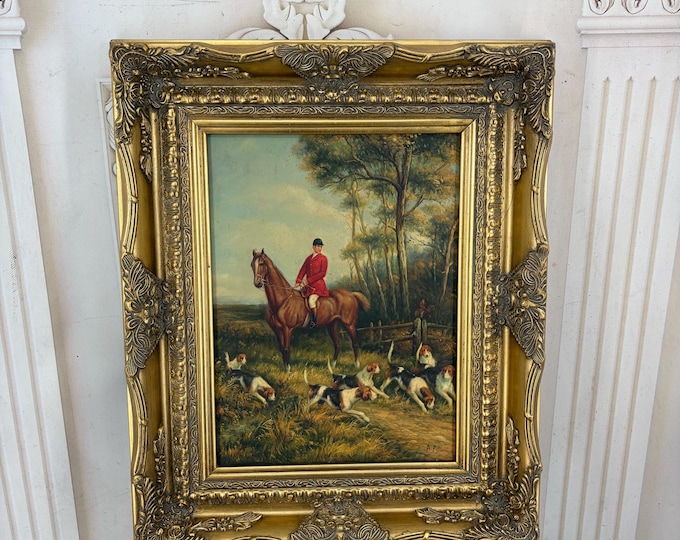 Vintage Hunting Scene Oil Painting - Hunter with Pointer Dogs - Oil on Wood