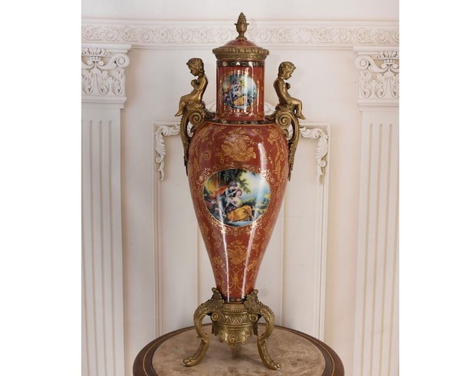 Large Vintage French Amphora Vase – Gilded Angel Decor Centerpiece