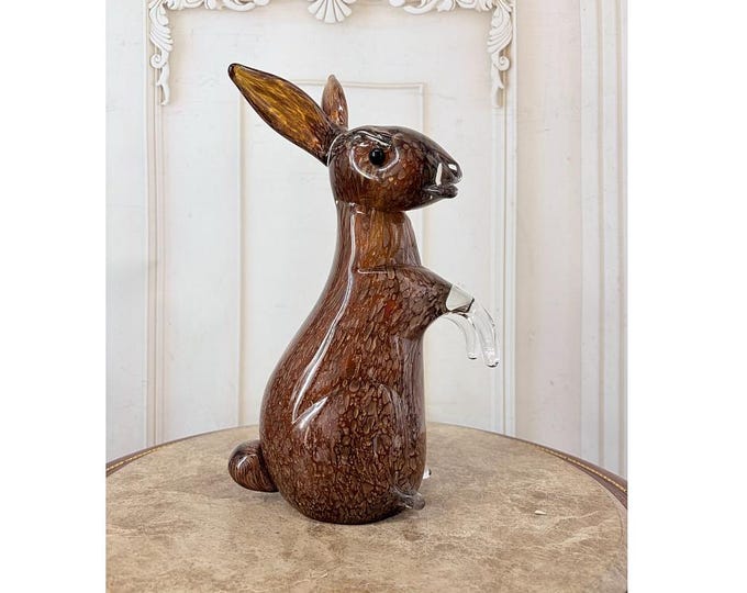 Murano Style Rabbit Figurine: Brown Rainbow Glass Sculpture