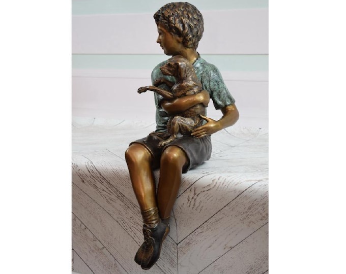 Bronze Statue Young Boy with Dog - Amazing Garden Statue - Beautiful Bronze Child with Friend - Sculpture Bronze - Decorated for Garden