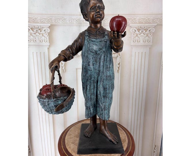 Vintage Bronze Girl Apple Basket Sculpture – Large Solid Garden Figure Statue