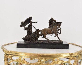 Greek Goddess Nike Bronze Sculpture - Chariot with Horses Figurine