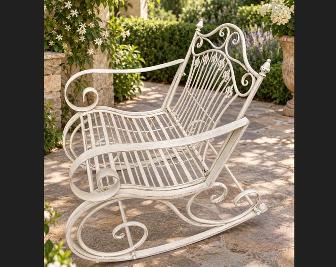 Vintage White Metal Rocking Chair - Garden Patio Armchair - Outdoor Furniture