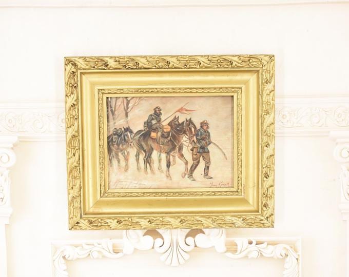 Antique Polish Oil Painting – Returning Soldiers from War
