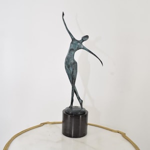 Modernist Woman Dancer Bronze Statue – Art Deco Signed Sculpture – French Abstract Act Woman Patina Figurine – Gift Idea