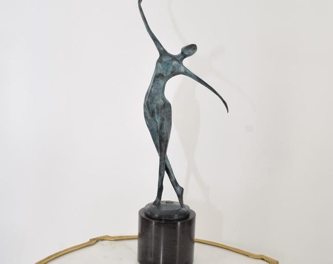 Modernist Woman Dancer Bronze Statue – Art Deco Signed Sculpture – French Abstract Act Woman Patina Figurine – Gift Idea