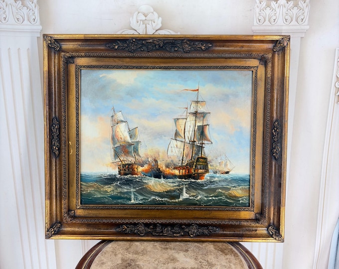 Vintage Boat Painting: Handmade Nautical Seascape with Gold Frame