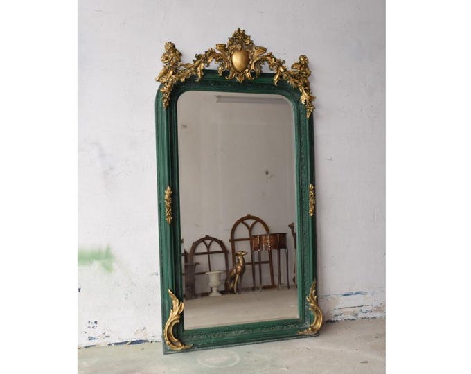 Elegant Crystal Mirror - Gold and Green Frame with Cherubs - Wall Decor - Antique Style - Luxury Home Accent - Unique Gift Idea