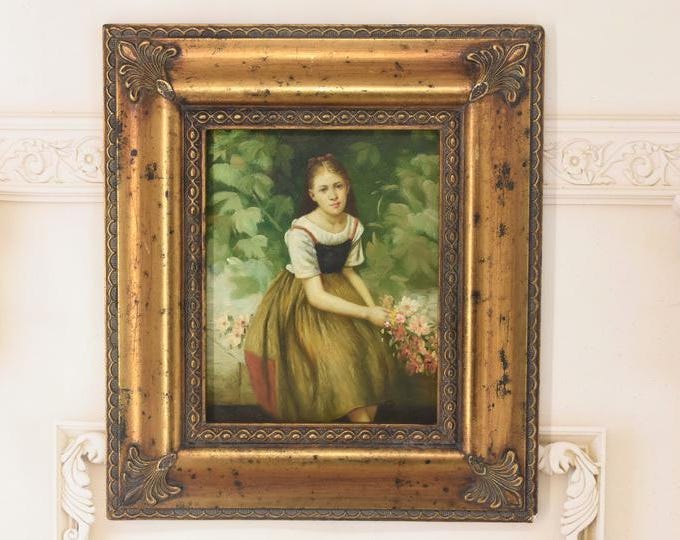 French Art: Oil Painting Portrait of Girl with Flowers, Golden Frame
