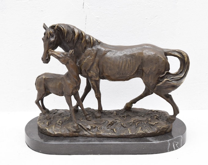 Horses Realistic Bronze Mare and Foal Figurine Statue  Sculpture Animal Gift Idea -