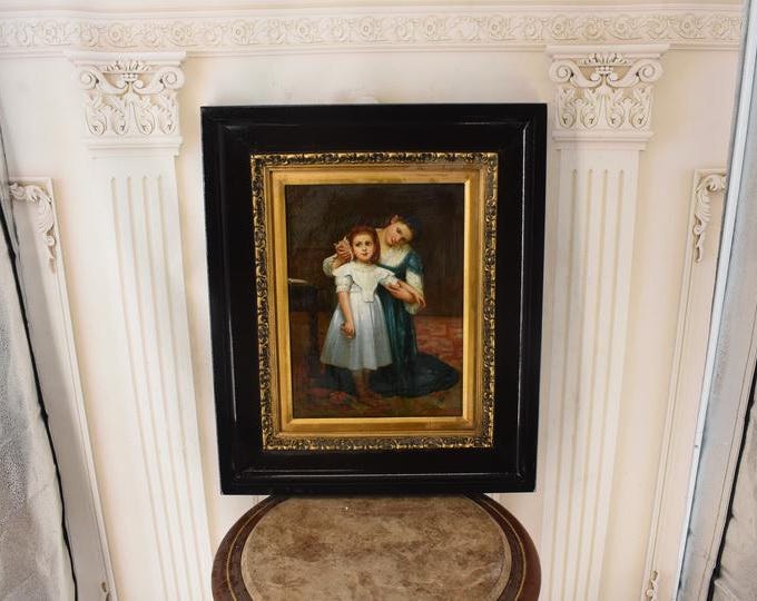 Two Sisters – Vintage French Oil Painting on Wood – Gold Frame – Classical Family Portrait – Unique Wall Art - Gift for Sister