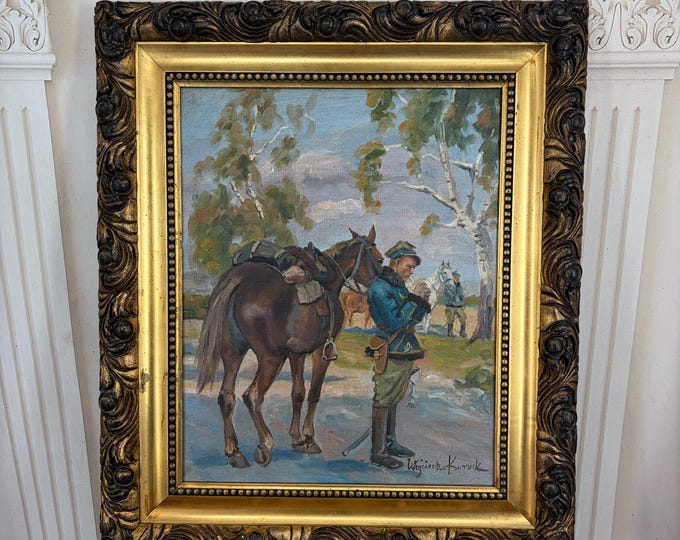 Vintage Soldier with Horse Painting - Oil on Canvas - Kossak Style - Circa 1930