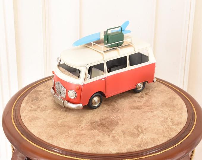 Vintage Retro Camper Van Model – Collectible Metal Travel Van with Surfboard