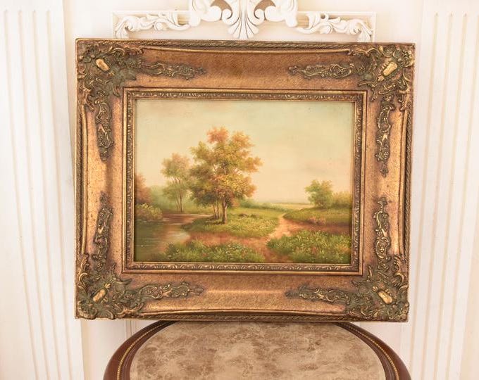 Vintage Polish Landscape Painting – Summer French Countryside, Golden Frame