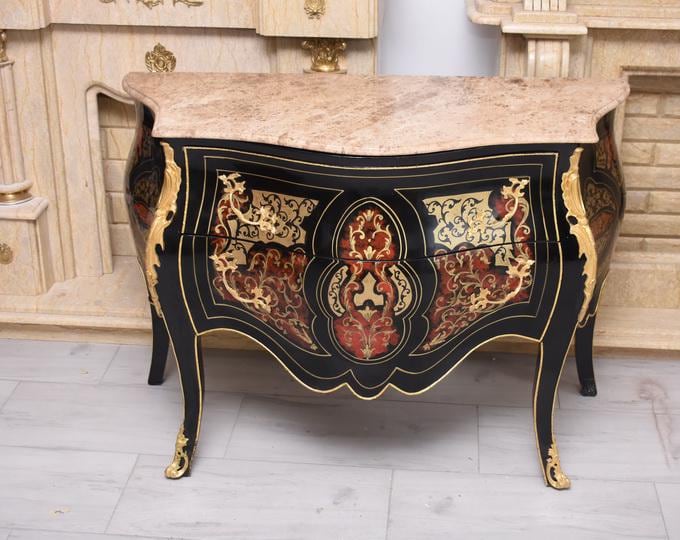 Vintage French Boulle Commode – Black, Red & Gold Chest of Drawers