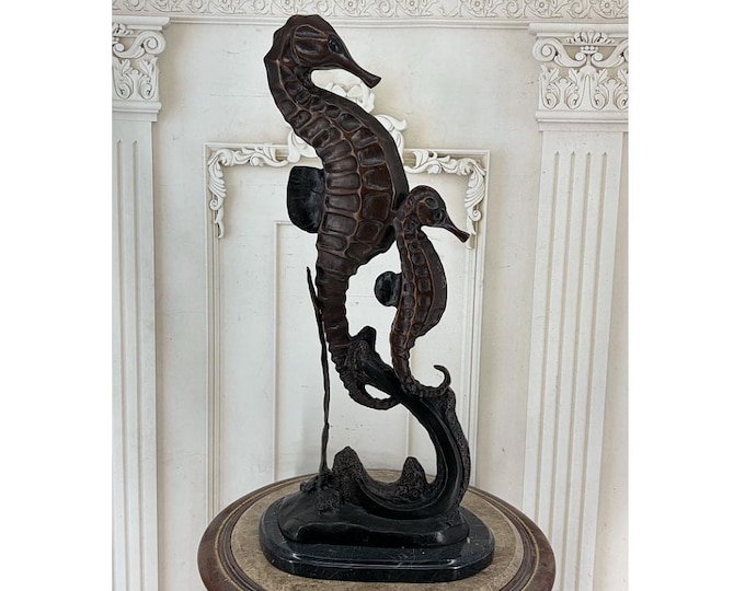 Large Bronze Seahorse Pair Figure - Two Seahorses on Marble Base - Coastal Nautical Decor - Ocean Statement Art 70 cm
