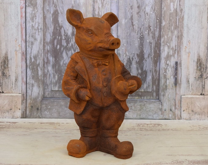 Funny Pig with Hut - Elegant Pig with Dressed - Vintage Rustical Statue - Home and Garden Decoration - Housewarming Gift Idea
