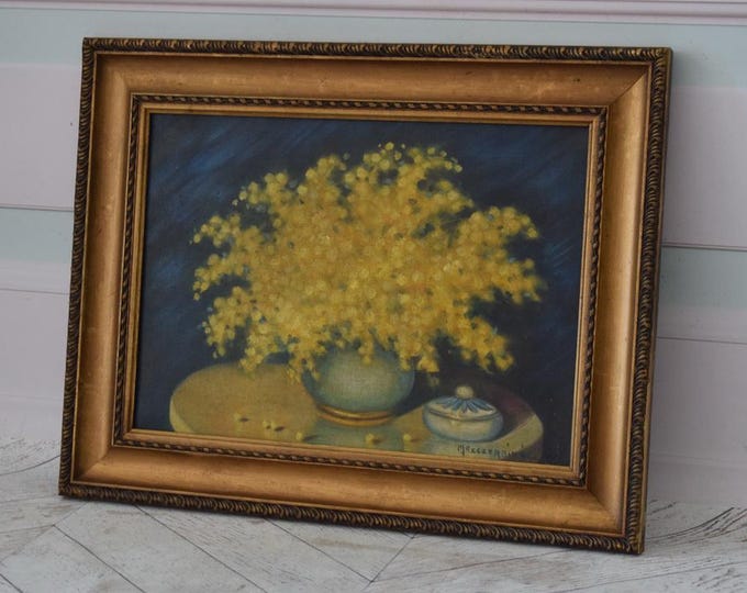 Vintage Polish Painting – Flowers in Vase, Mimosa – Rare Antique Artwork, Hand-Painted, Unique Home Decor, Floral Wall Art