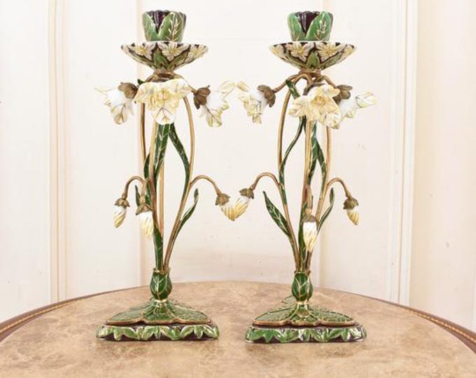 Vintage Floral Porcelain Candlesticks - Green, Black & Bronze Pair