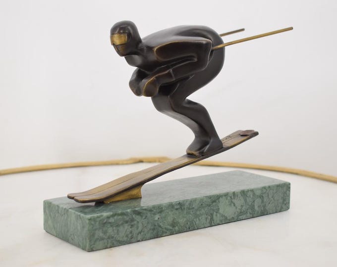 Vintage Bronze Skier Statue: Boy on Green Marble Base, Ski Lodge Decor